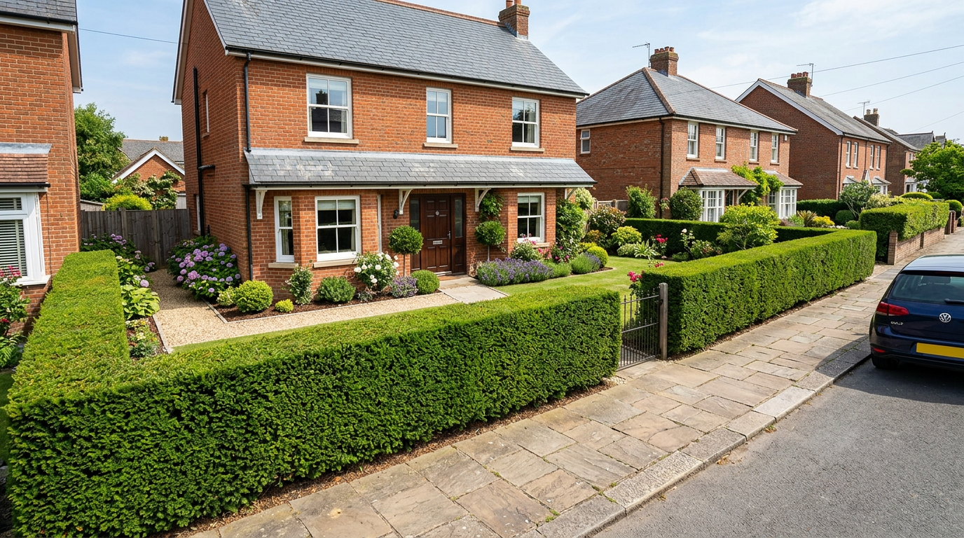 Neatly trimmed hedge and well-maintained garden at a UK home